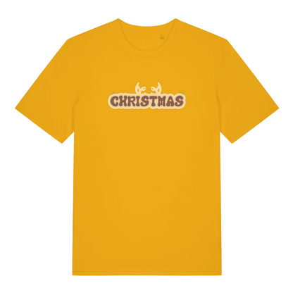 yellow christmas t-shirt with the word christmas and antlers coming from the top of it