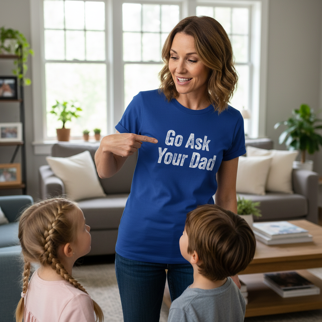 woman pointing at her slogan t-shirt that reads 'go ask your dad' whilst smiling at her children