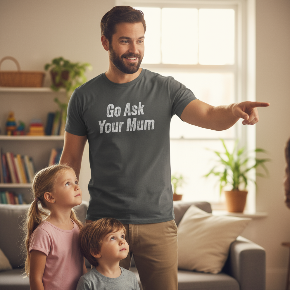 Man wearing a t-shirt with 'Go Ask Your Mum' text, standing with two children in a living room.