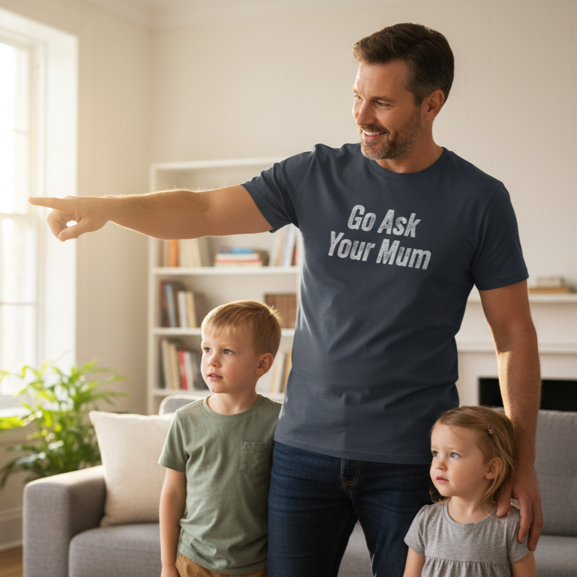 Man wearing a shirt with 'Go Ask Your Mum' text, pointing towards two children in a living room.