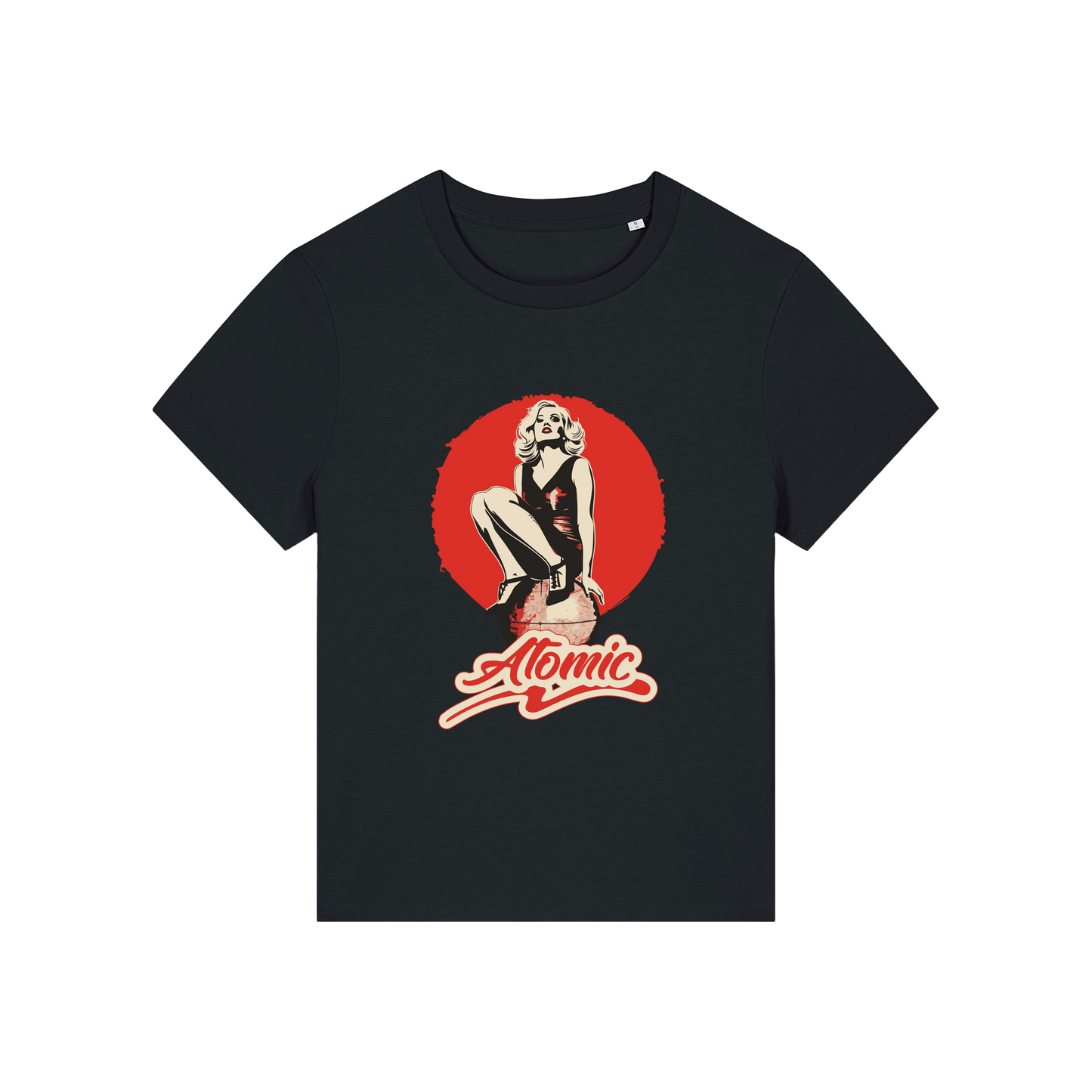 black music t-shirt with a graphic of a legendary 70's music band and the slogan 'atomic'