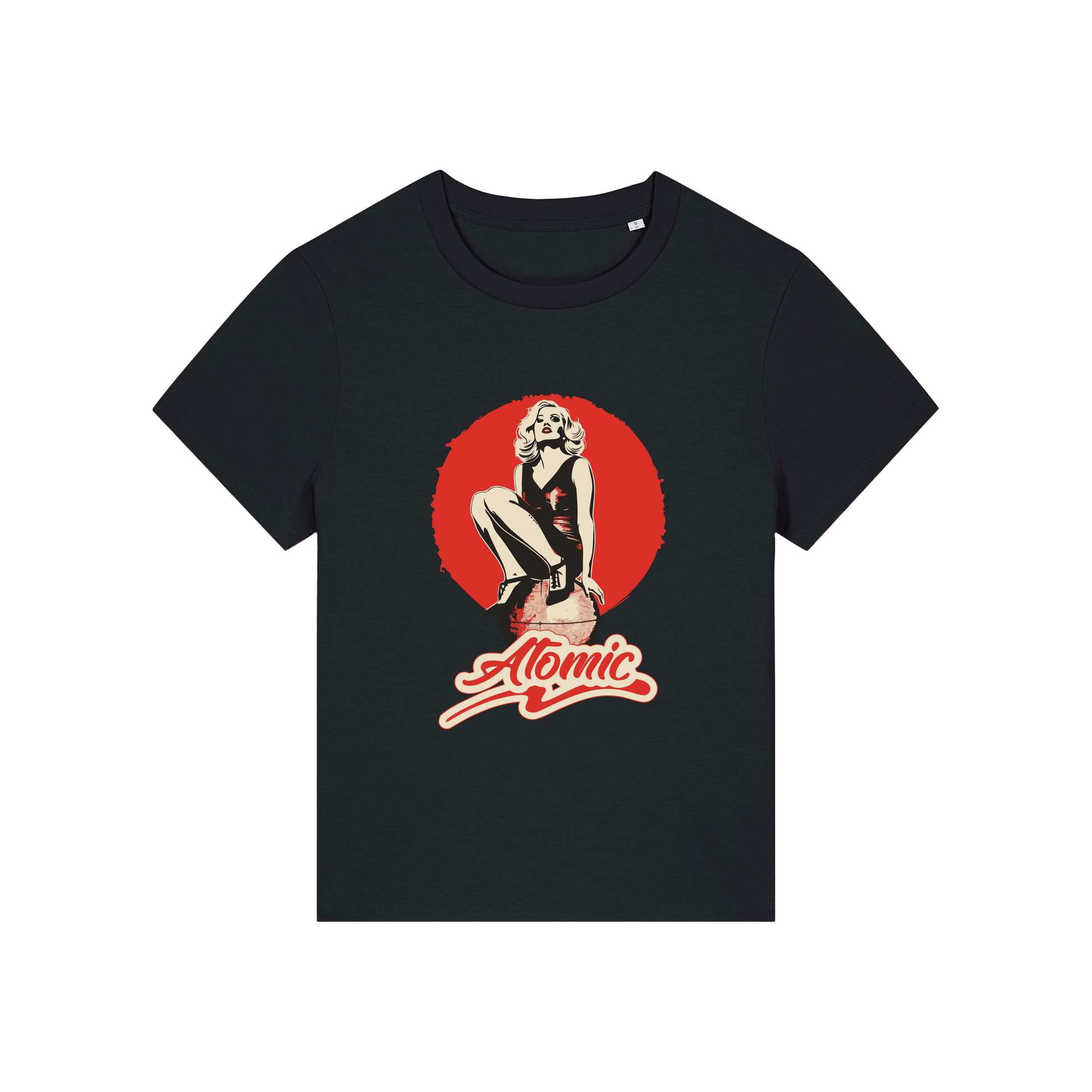 black music t-shirt with a graphic of a legendary 70's music band and the slogan 'atomic'