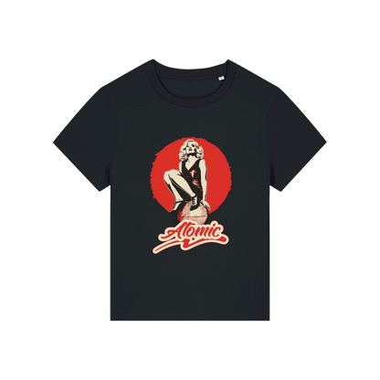 black music t-shirt with a graphic of a legendary 70's music band and the slogan 'atomic'