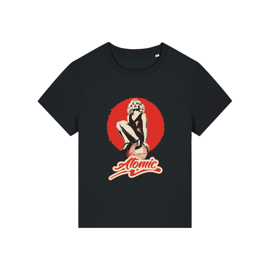 black music t-shirt with a graphic of a legendary 70's music band and the slogan 'atomic'