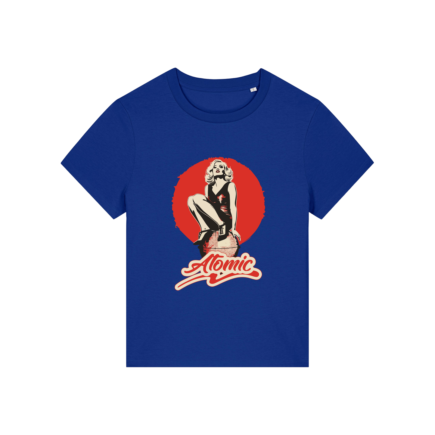 blue music t-shirt with a graphic of a legendary 70's music band and the slogan 'atomic'