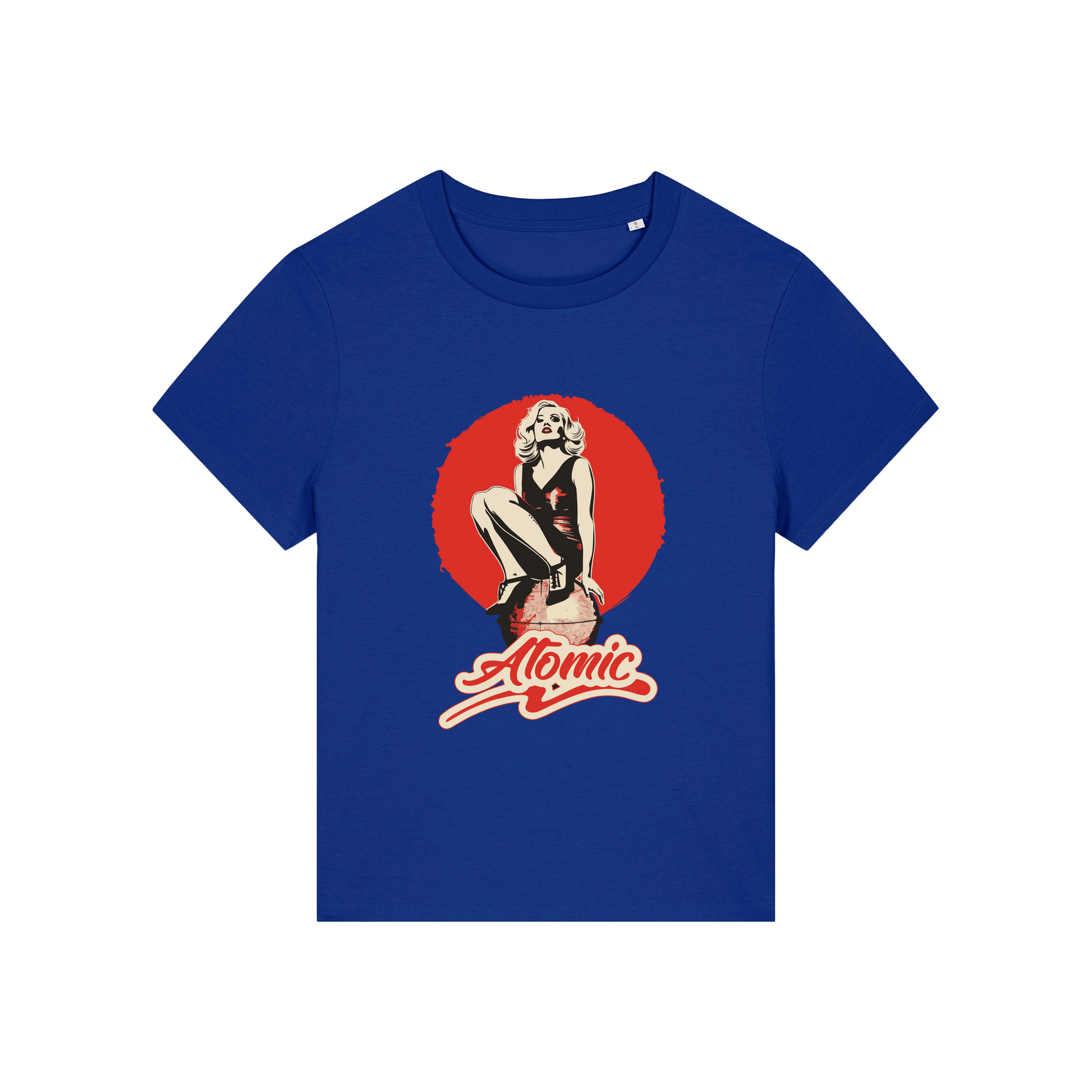 blue music t-shirt with a graphic of a legendary 70's music band and the slogan 'atomic'