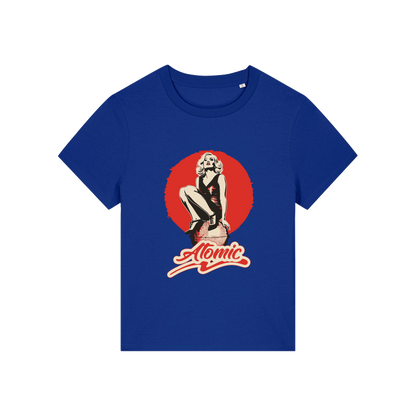 blue music t-shirt with a graphic of a legendary 70's music band and the slogan 'atomic'