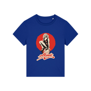 blue music t-shirt with a graphic of a legendary 70's music band and the slogan 'atomic'