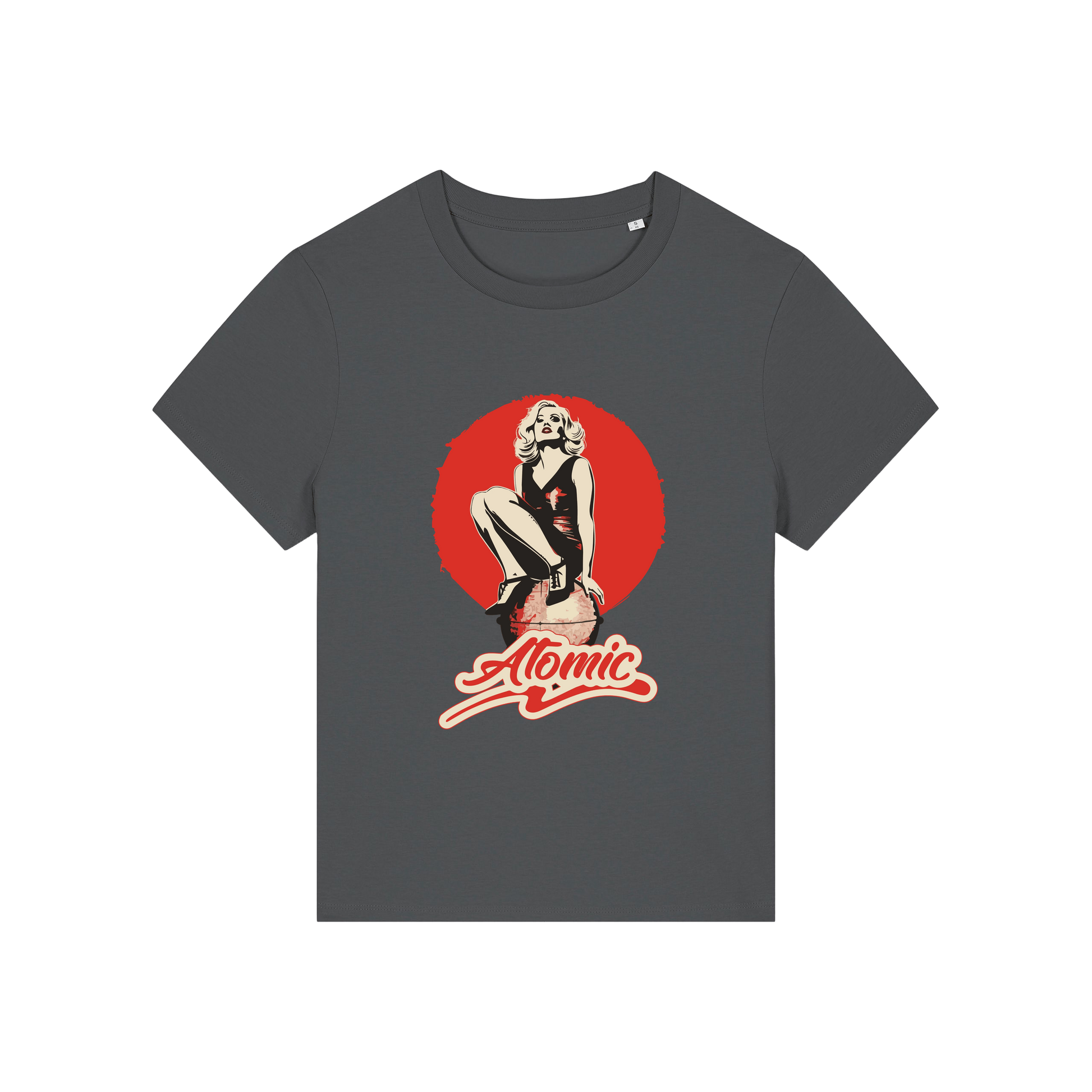 grey music t-shirt with a graphic of a legendary 70's music band and the slogan 'atomic'