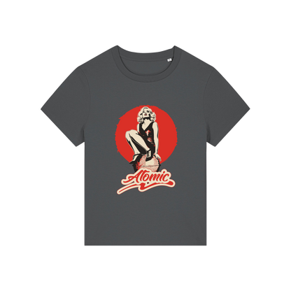 grey music t-shirt with a graphic of a legendary 70's music band and the slogan 'atomic'