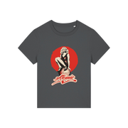 grey music t-shirt with a graphic of a legendary 70's music band and the slogan 'atomic'