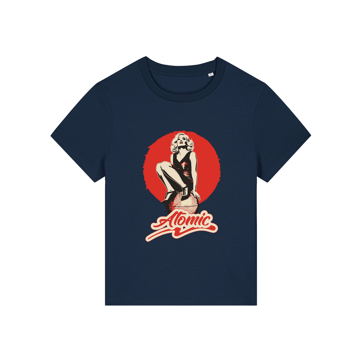 navy music t-shirt with a graphic of a legendary 70's music band and the slogan 'atomic'