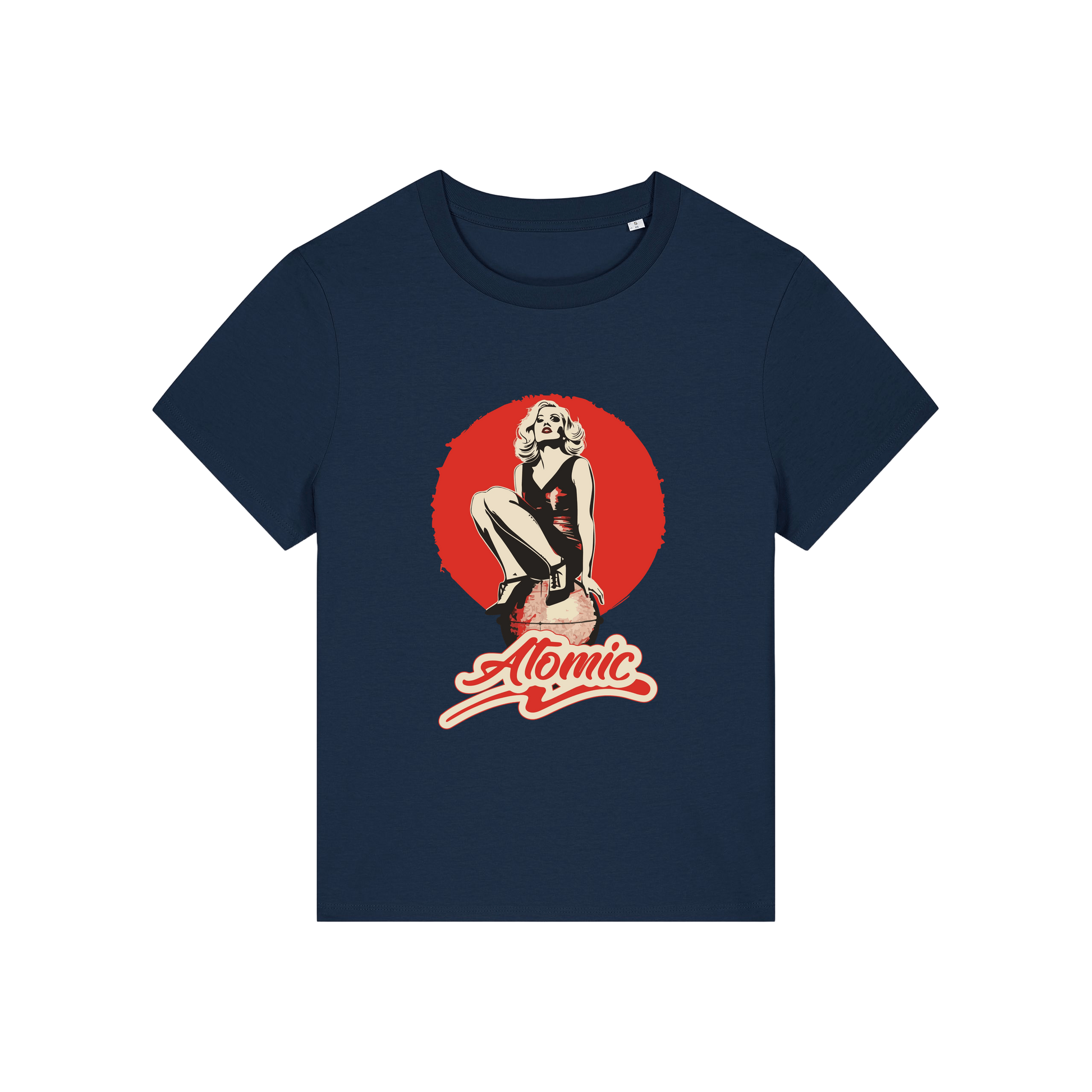 navy music t-shirt with a graphic of a legendary 70's music band and the slogan 'atomic'