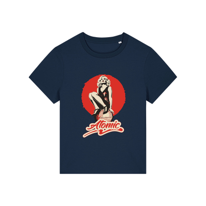 navy music t-shirt with a graphic of a legendary 70's music band and the slogan 'atomic'