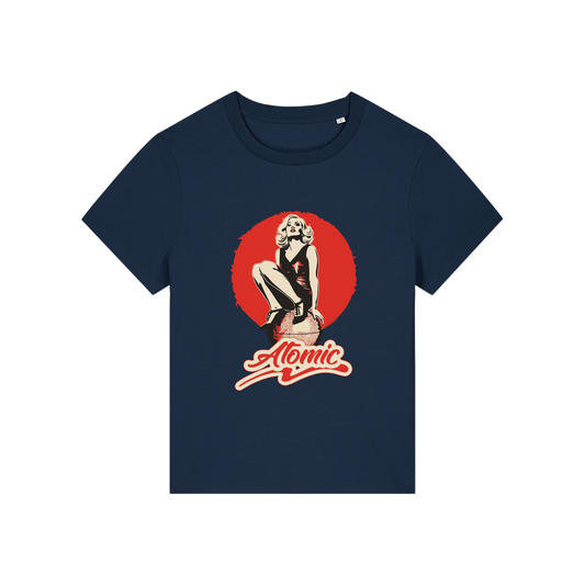 navy music t-shirt with a graphic of a legendary 70's music band and the slogan 'atomic'