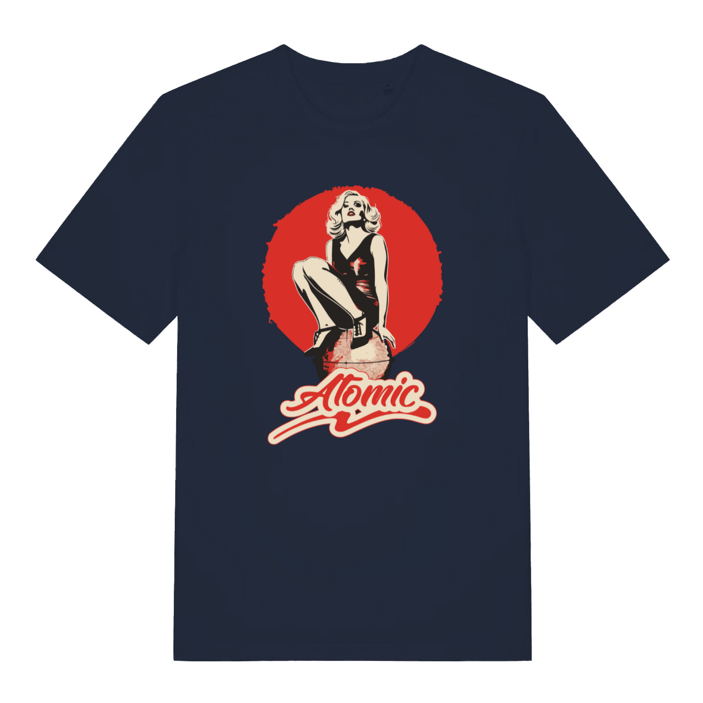 navy women's music t-shirt with a graphic design of a woman in a red circle and 'Atomic' text on a white background