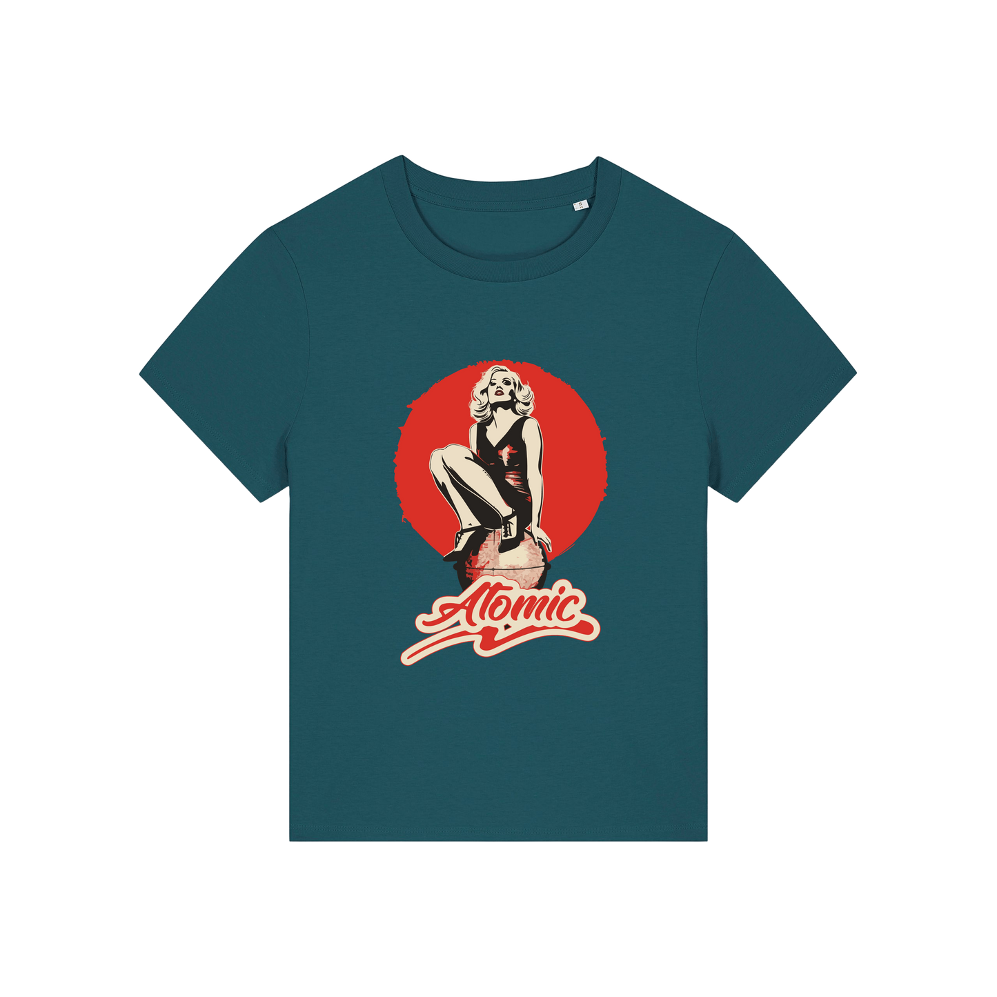 teal music t-shirt with a graphic of a legendary 70's music band and the slogan 'atomic'