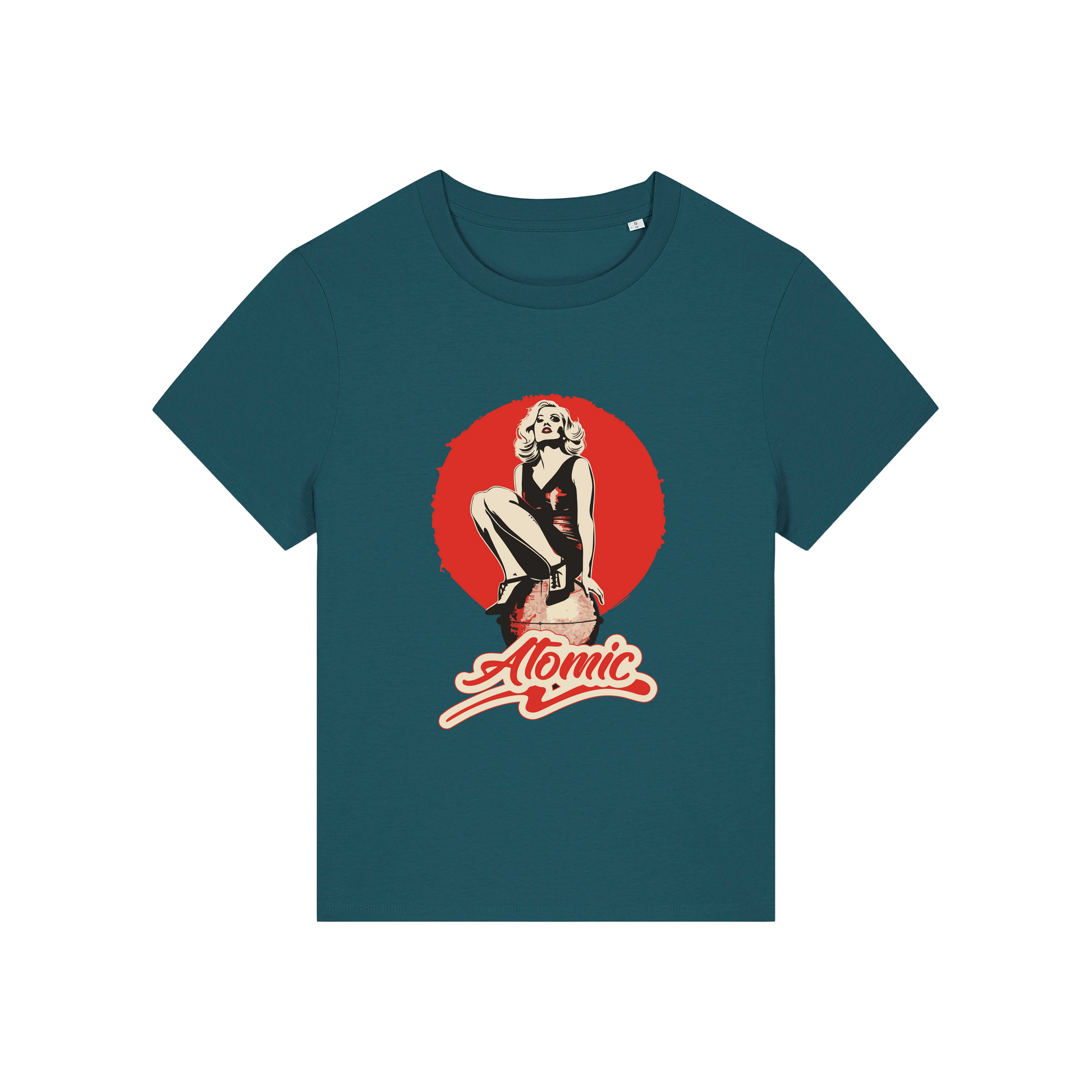 teal music t-shirt with a graphic of a legendary 70's music band and the slogan 'atomic'
