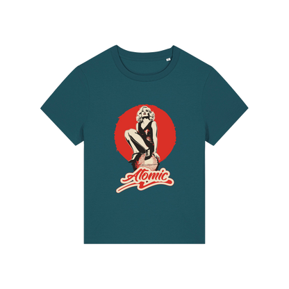 teal music t-shirt with a graphic of a legendary 70's music band and the slogan 'atomic'