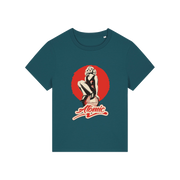 teal music t-shirt with a graphic of a legendary 70's music band and the slogan 'atomic'