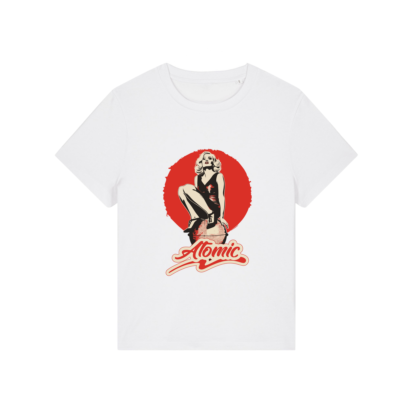 white music t-shirt with a graphic of a legendary 70's music band and the slogan 'atomic'