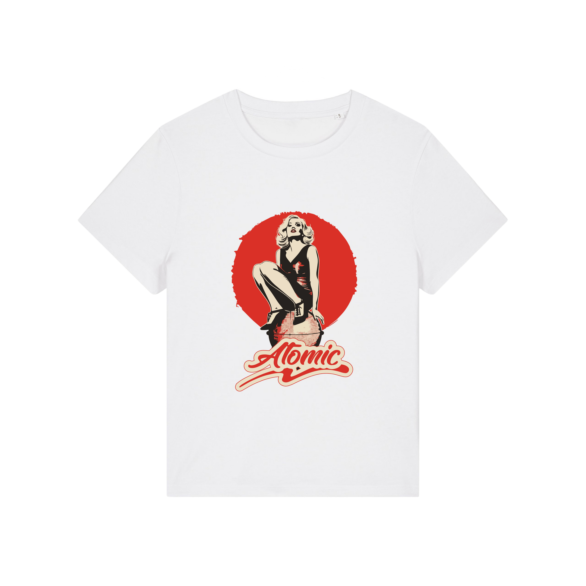 white music t-shirt with a graphic of a legendary 70's music band and the slogan 'atomic'