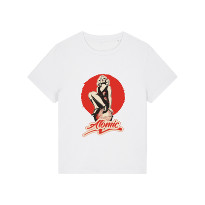 white music t-shirt with a graphic of a legendary 70's music band and the slogan 'atomic'