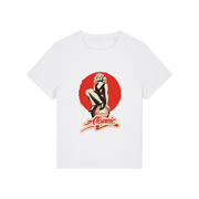 white music t-shirt with a graphic of a legendary 70's music band and the slogan 'atomic'