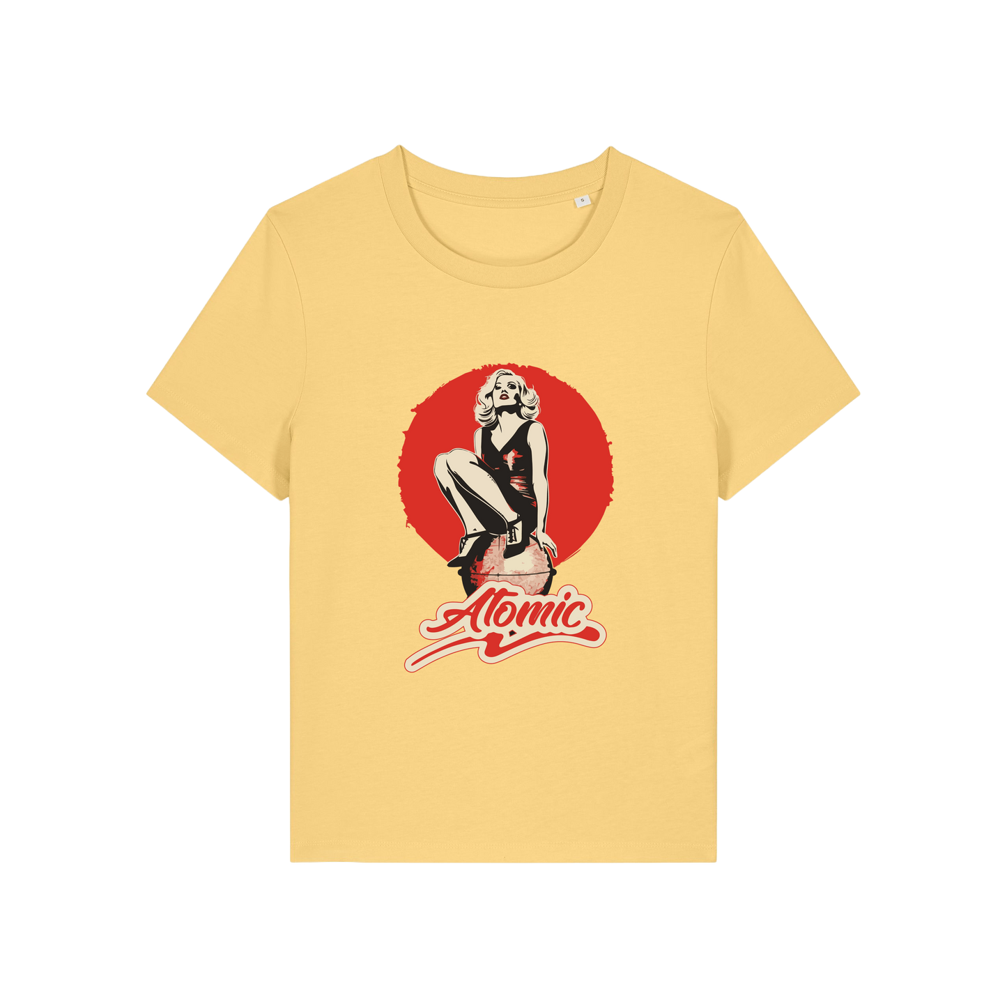 yellow music t-shirt with a graphic of a legendary 70's music band and the slogan 'atomic'