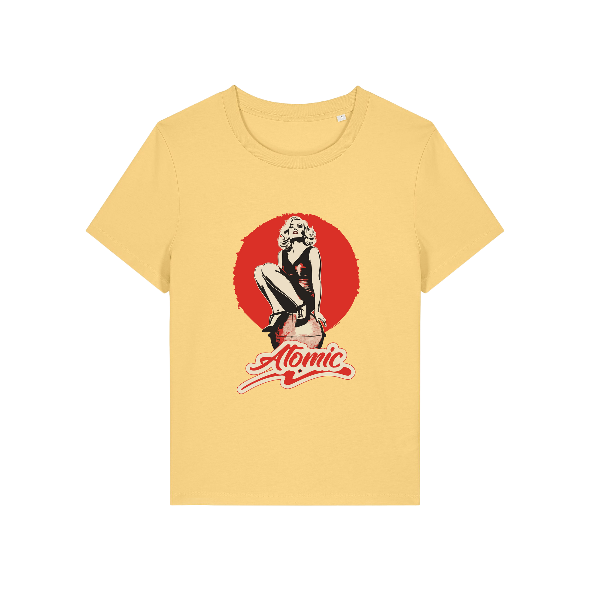 yellow music t-shirt with a graphic of a legendary 70's music band and the slogan 'atomic'