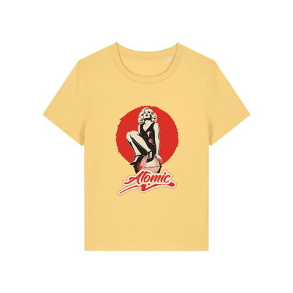 yellow music t-shirt with a graphic of a legendary 70's music band and the slogan 'atomic'