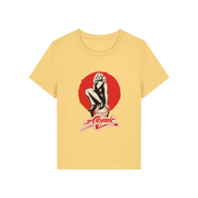 yellow music t-shirt with a graphic of a legendary 70's music band and the slogan 'atomic'