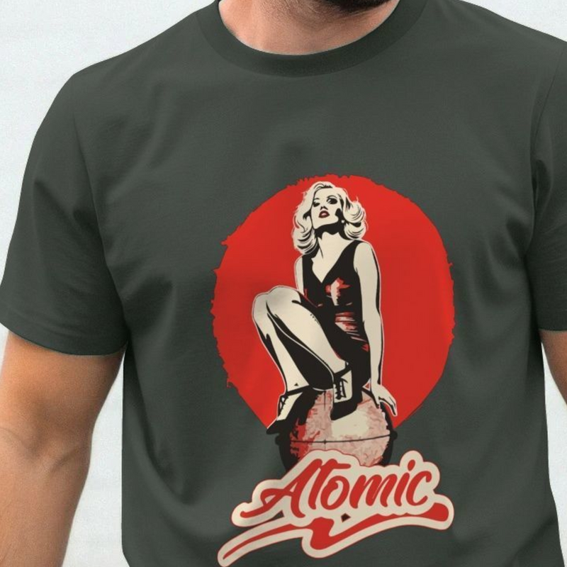 Music T-shirt with a graphic design of a blondie woman and 'Atomic' slogan on a red background.