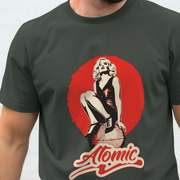 Music T-shirt with a graphic design of a blondie woman and 'Atomic' slogan on a red background.
