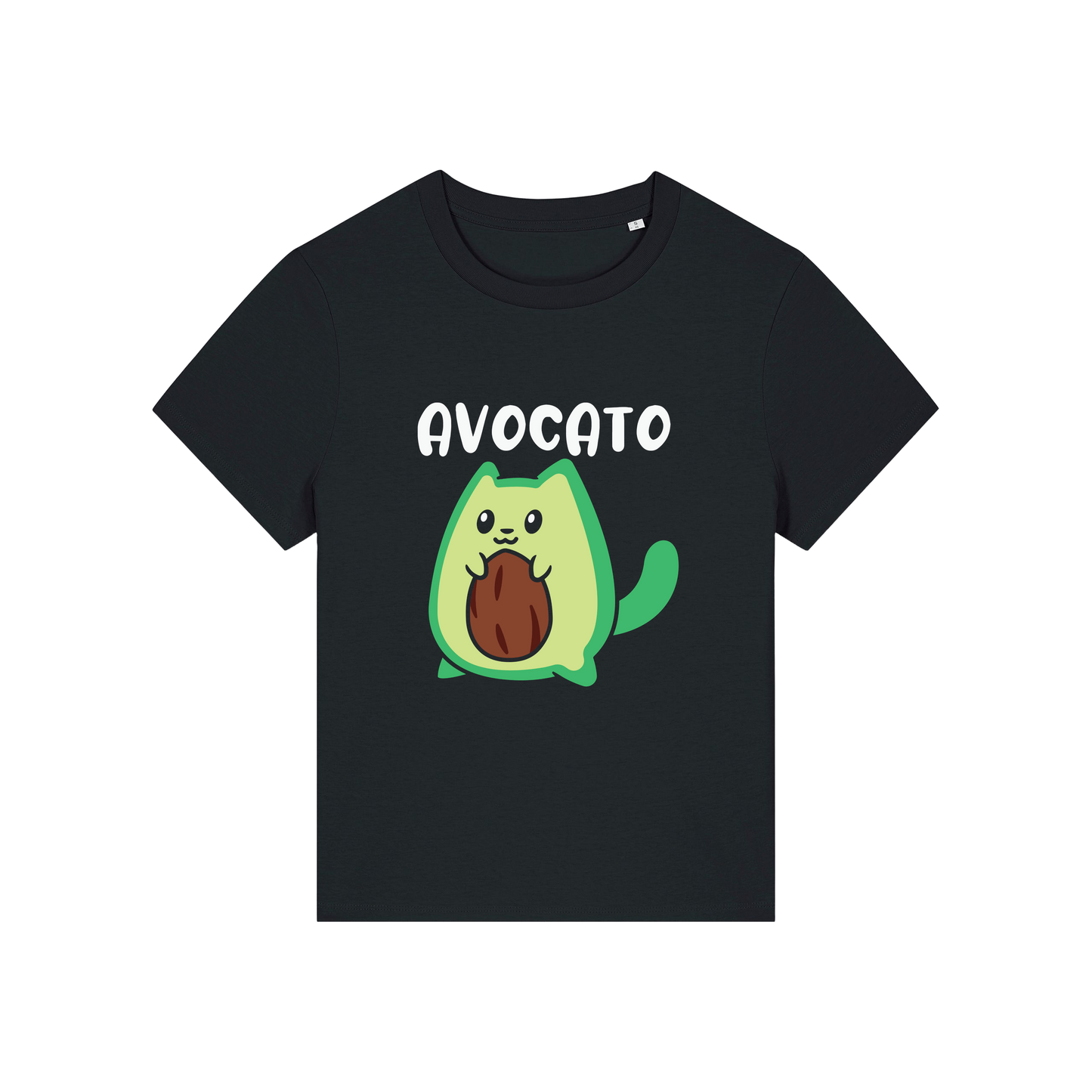 black graphic t-shirt with the slogan 'avocato' and the graphic of a cat dressed as an avocado