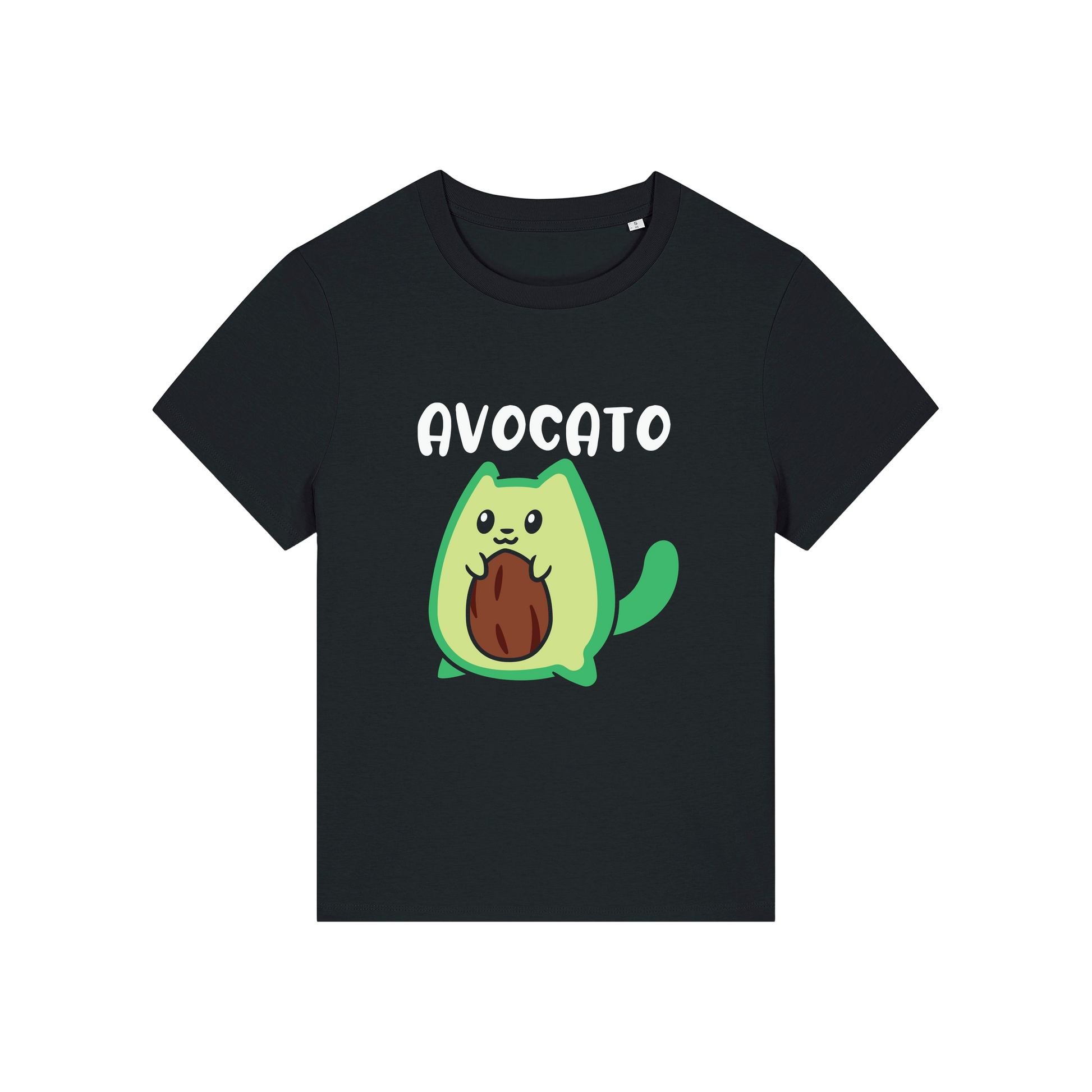 black graphic t-shirt with the slogan 'avocato' and the graphic of a cat dressed as an avocado
