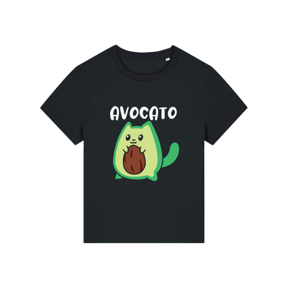 black graphic t-shirt with the slogan 'avocato' and the graphic of a cat dressed as an avocado