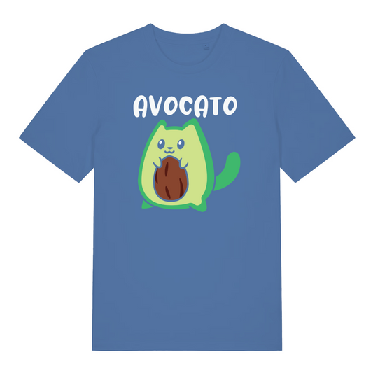 blue women's graphic t-shirt with a cartoon avacado design and the word 'avocato'