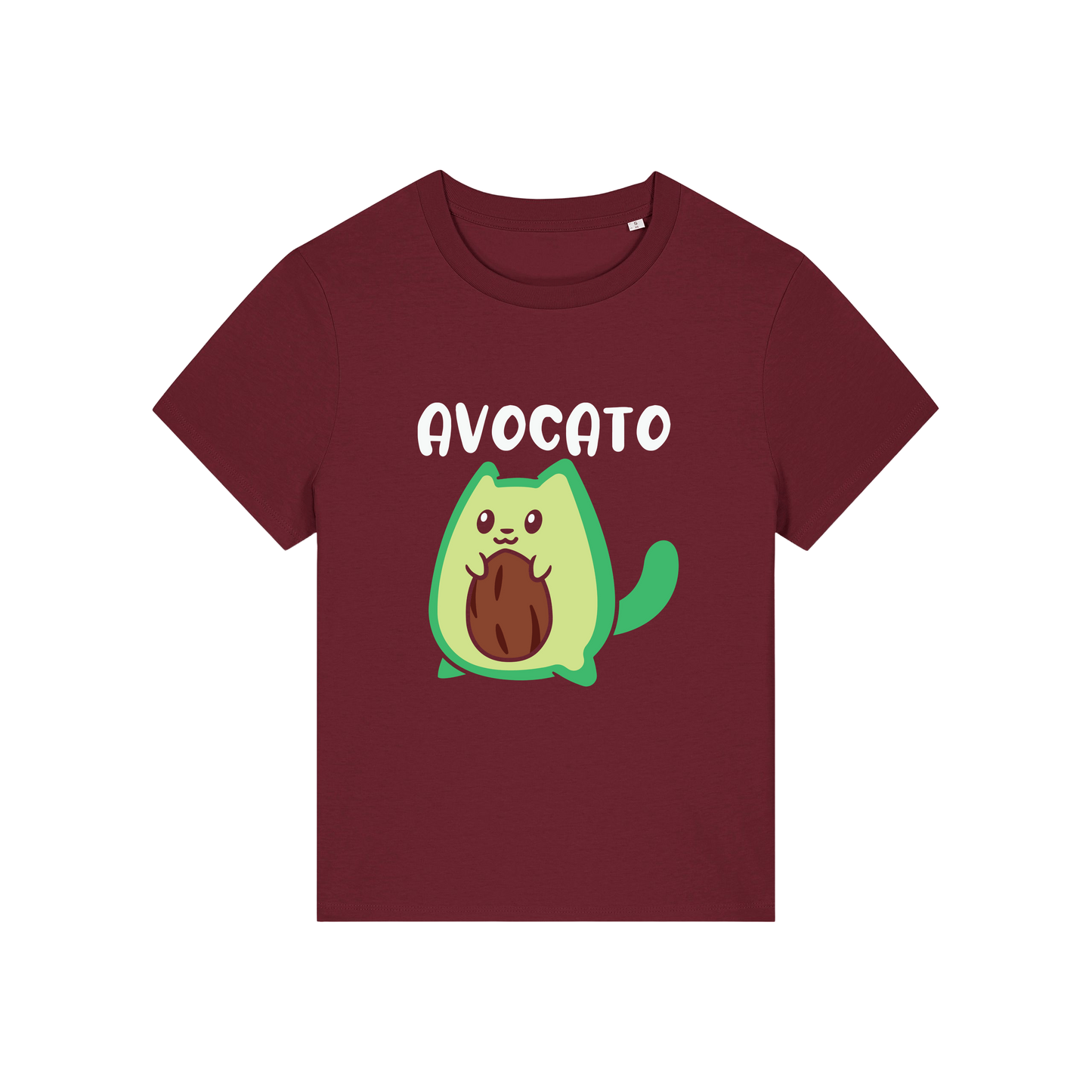 burgundy graphic t-shirt with the slogan 'avocato' and the graphic of a cat dressed as an avocado