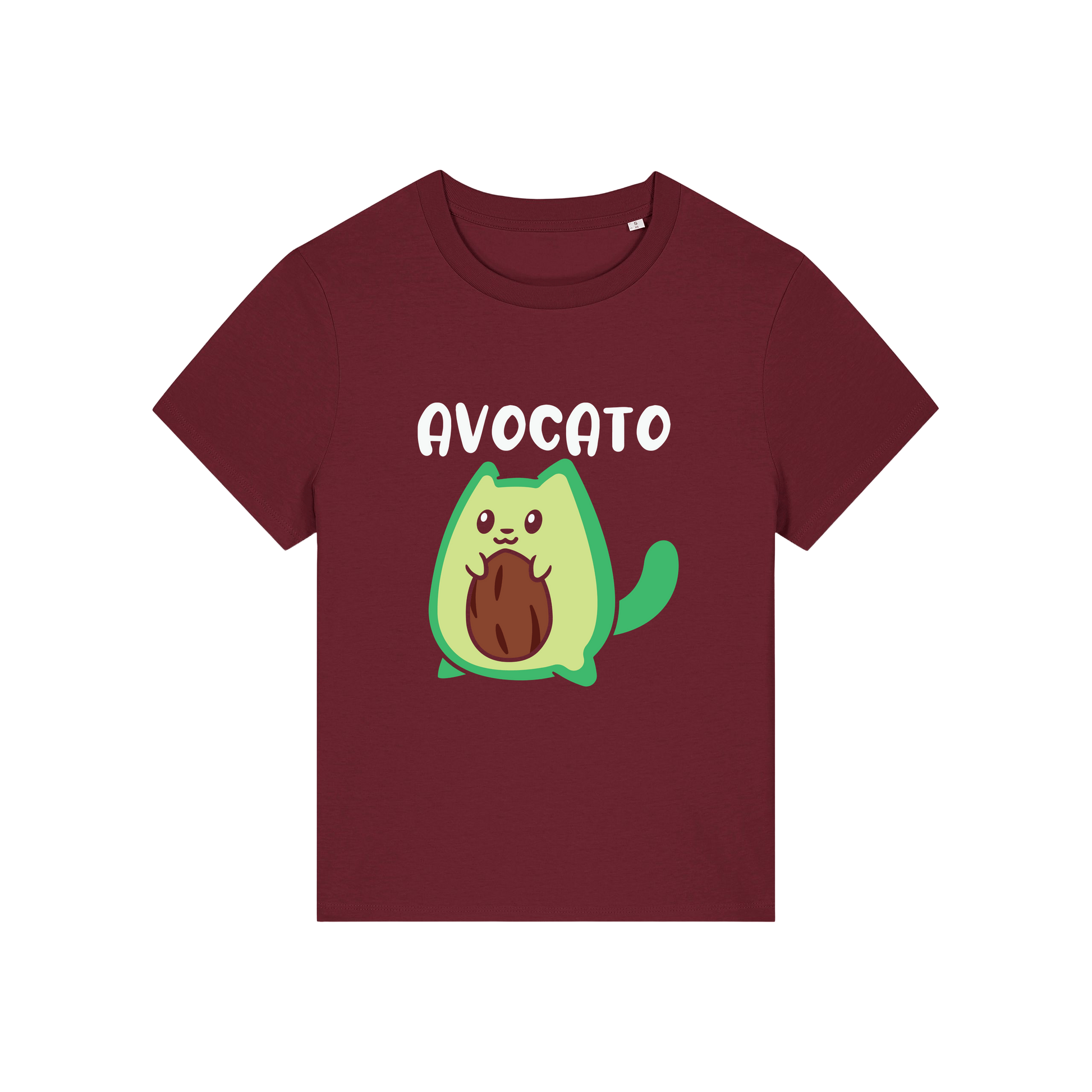 burgundy graphic t-shirt with the slogan 'avocato' and the graphic of a cat dressed as an avocado