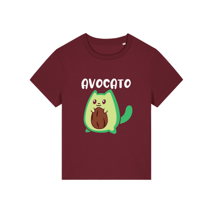 burgundy graphic t-shirt with the slogan 'avocato' and the graphic of a cat dressed as an avocado