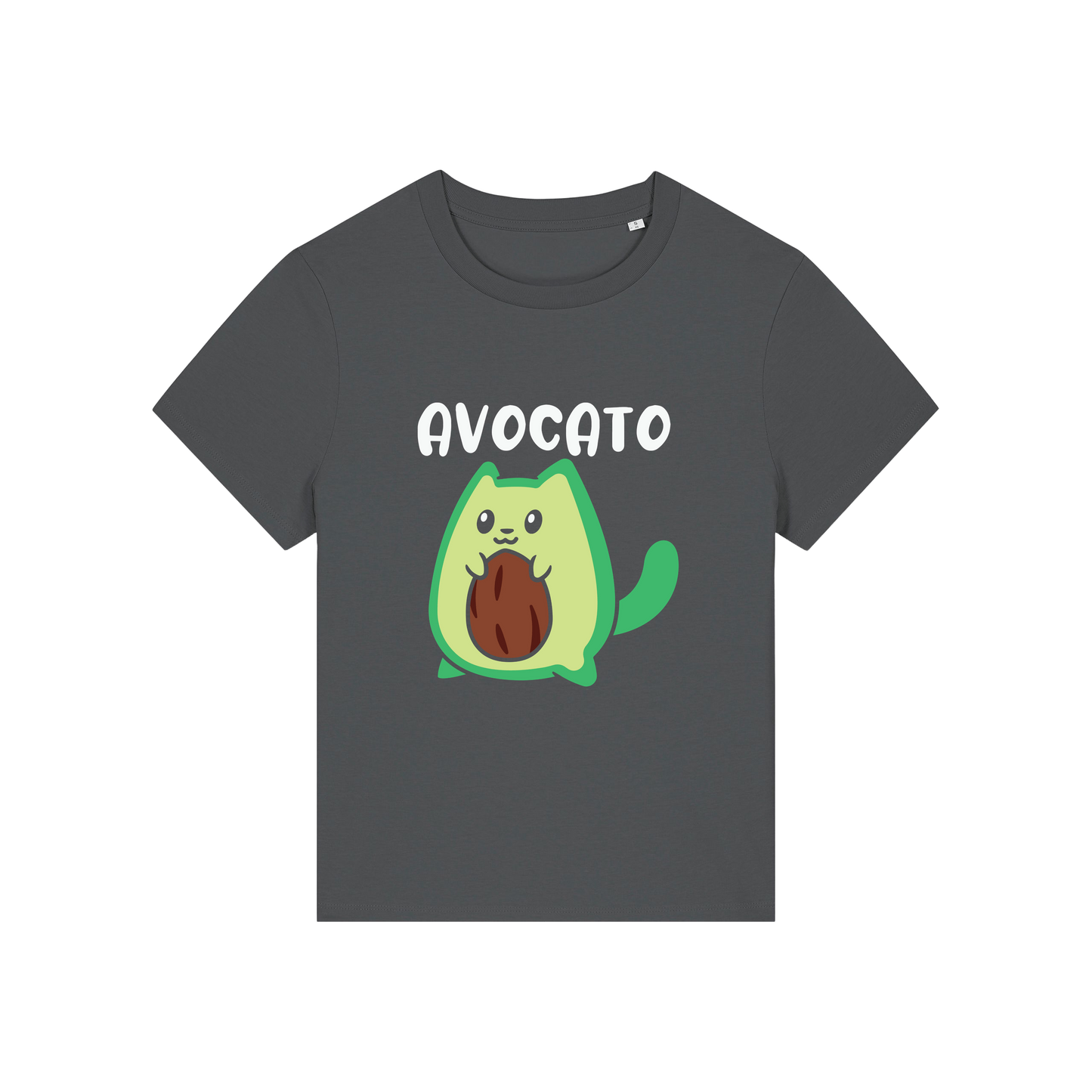 grey graphic t-shirt with the slogan 'avocato' and the graphic of a cat dressed as an avocado