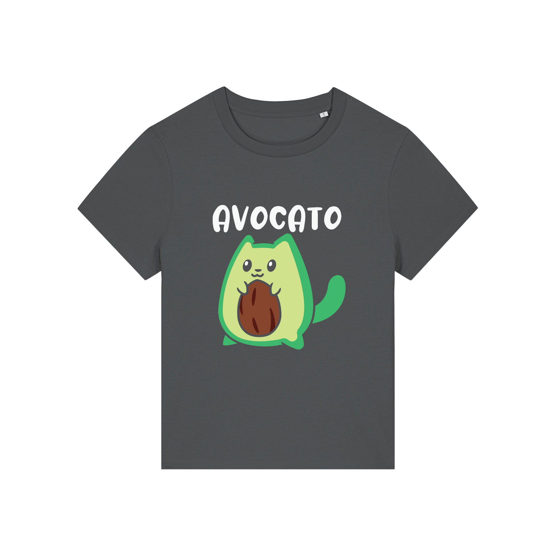 grey graphic t-shirt with the slogan 'avocato' and the graphic of a cat dressed as an avocado