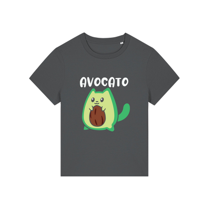 grey graphic t-shirt with the slogan 'avocato' and the graphic of a cat dressed as an avocado