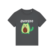 grey graphic t-shirt with the slogan 'avocato' and the graphic of a cat dressed as an avocado