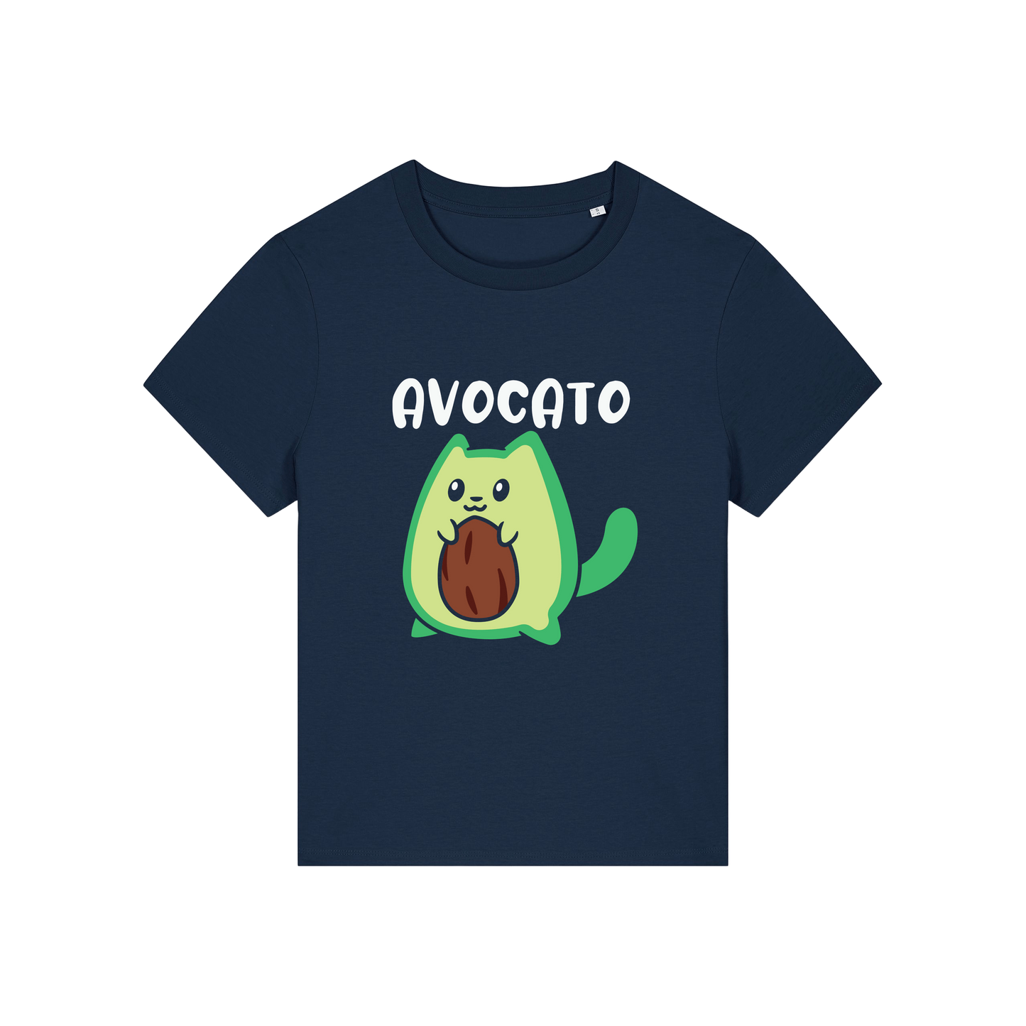 navy graphic t-shirt with the slogan 'avocato' and the graphic of a cat dressed as an avocado