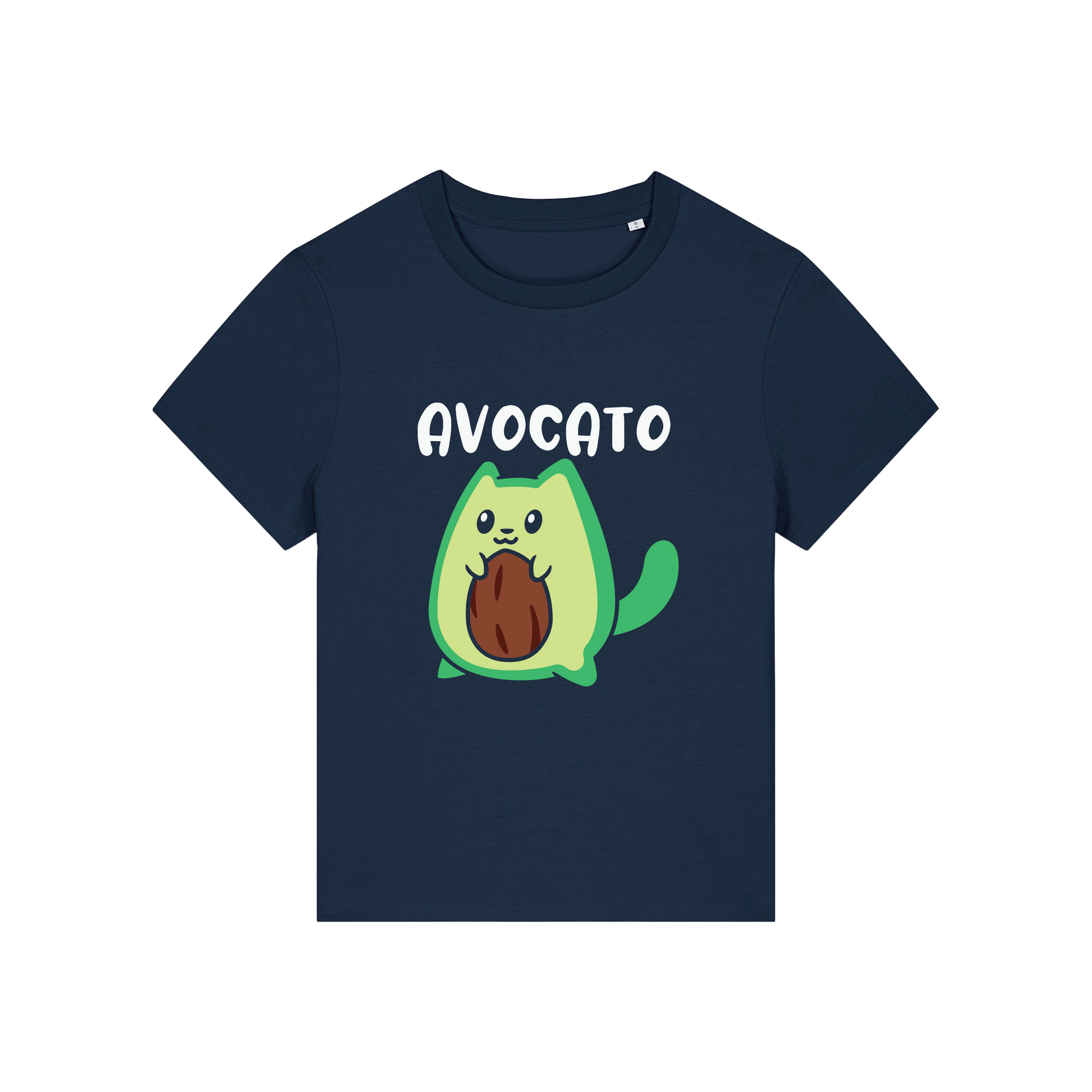 navy graphic t-shirt with the slogan 'avocato' and the graphic of a cat dressed as an avocado