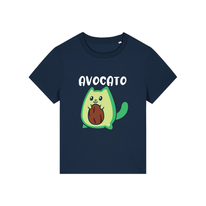 navy graphic t-shirt with the slogan 'avocato' and the graphic of a cat dressed as an avocado