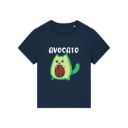 navy graphic t-shirt with the slogan 'avocato' and the graphic of a cat dressed as an avocado