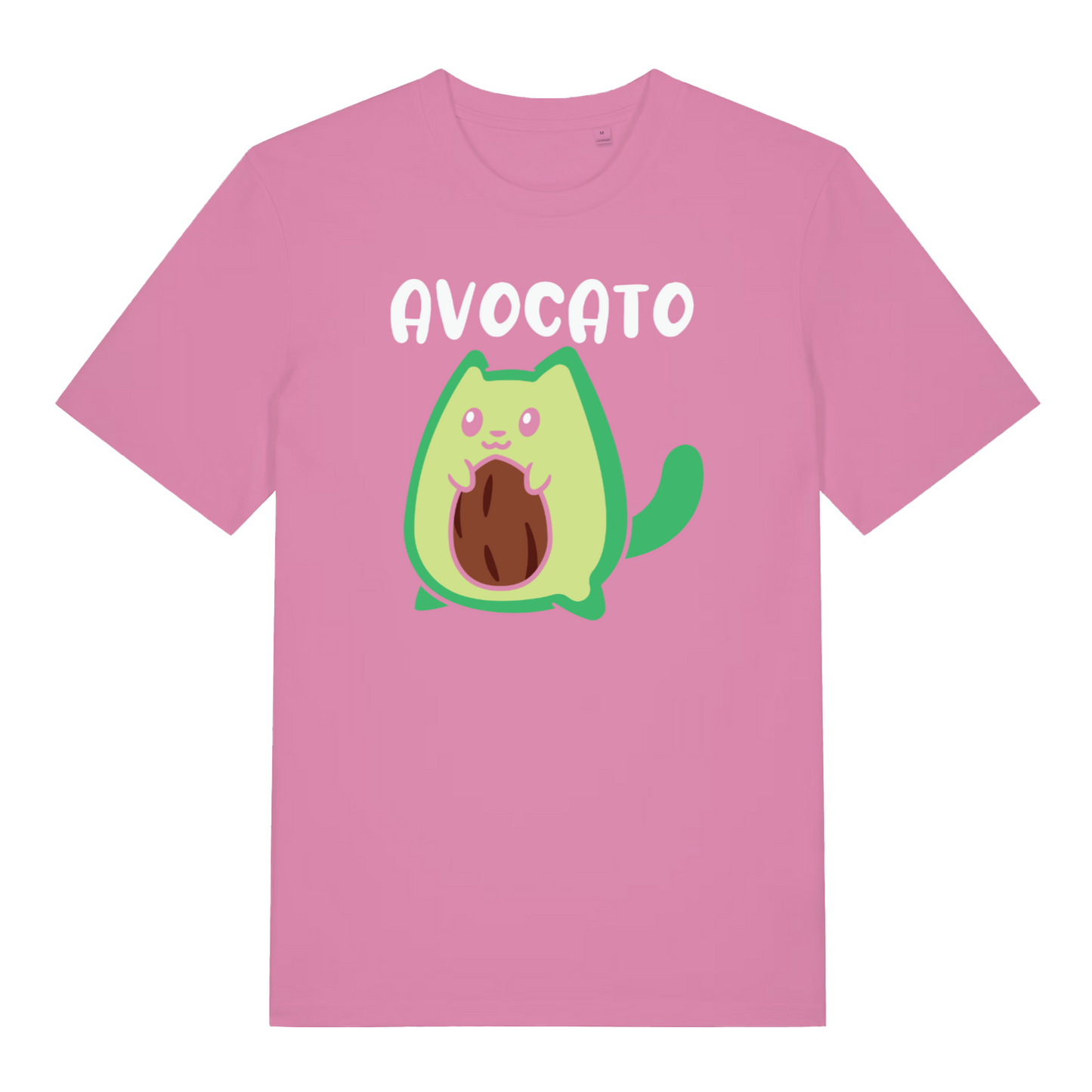 pink women's graphic t-shirt with a cartoon avacado design and the word 'avocato'